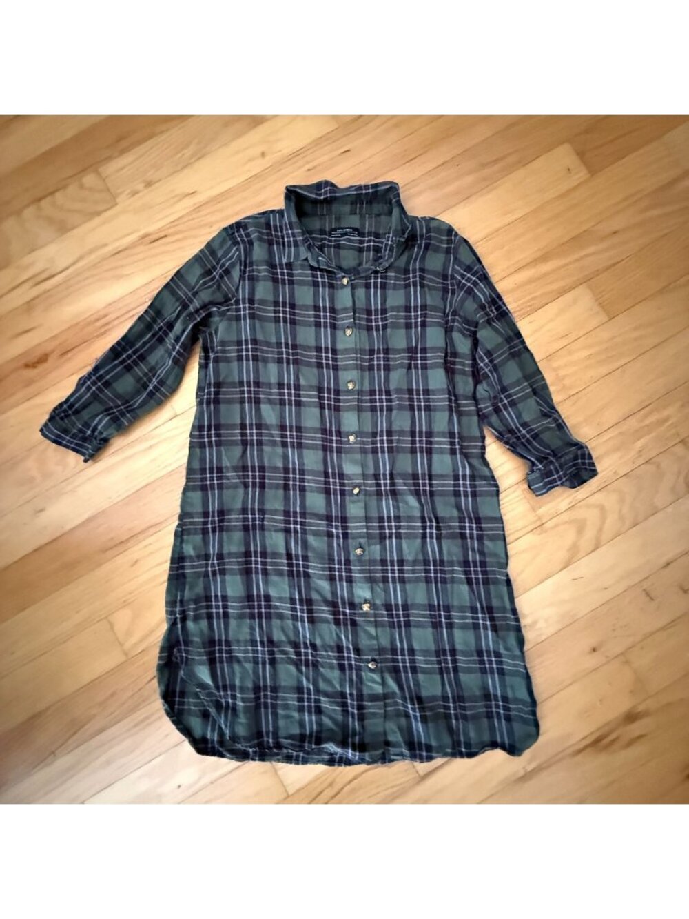 Zara Women's Plaid Check Green 3/4 Sleeve Tunic Casual Button Down
